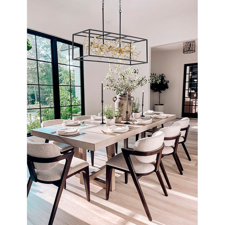 Black Rectangular Cage Frame Chandelier with Gold Branch Accent &amp; Clear Crystals