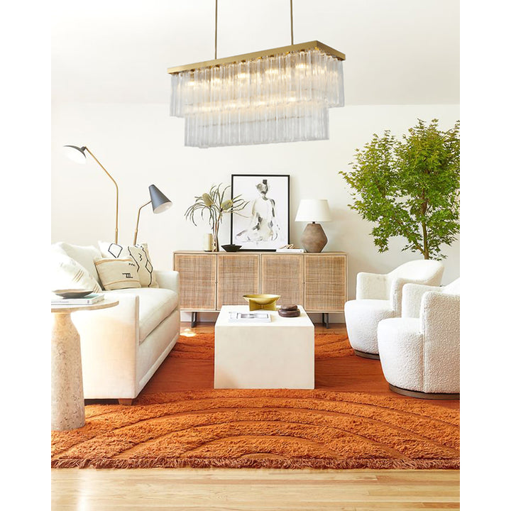 Satin Brass Rectangular Frame Chandelier with Clear Hanging Ribbed Glass by Bethel - view 7