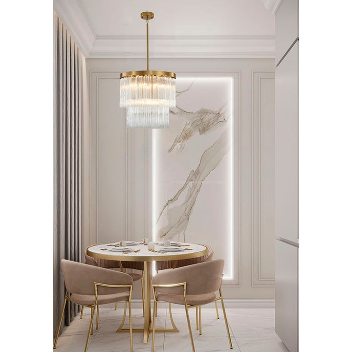 Round Satin Brass Frame Chandelier with Clear Hanging Ribbed Glass by Bethel - view 7