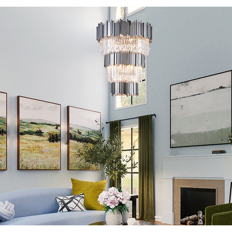 Stainless Steel Hairline Frame Chandelier with Clear Hanging Crystals by Bethel - view 46