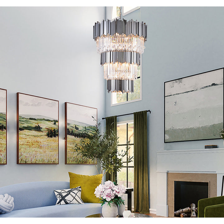Stainless Steel Hairline Frame Chandelier with Clear Hanging Crystals by Bethel - view 46