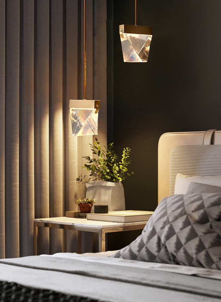 Clear Triangular Crystal LED Single Pendant Light with Brass Iron Frame by Bethel - view 3