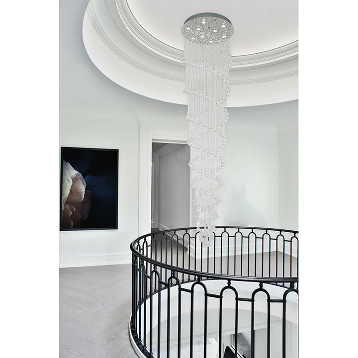 Round Flushed Chrome Frame Chandelier with Spiral of Hanging Clear Crystals by Bethel - view 2