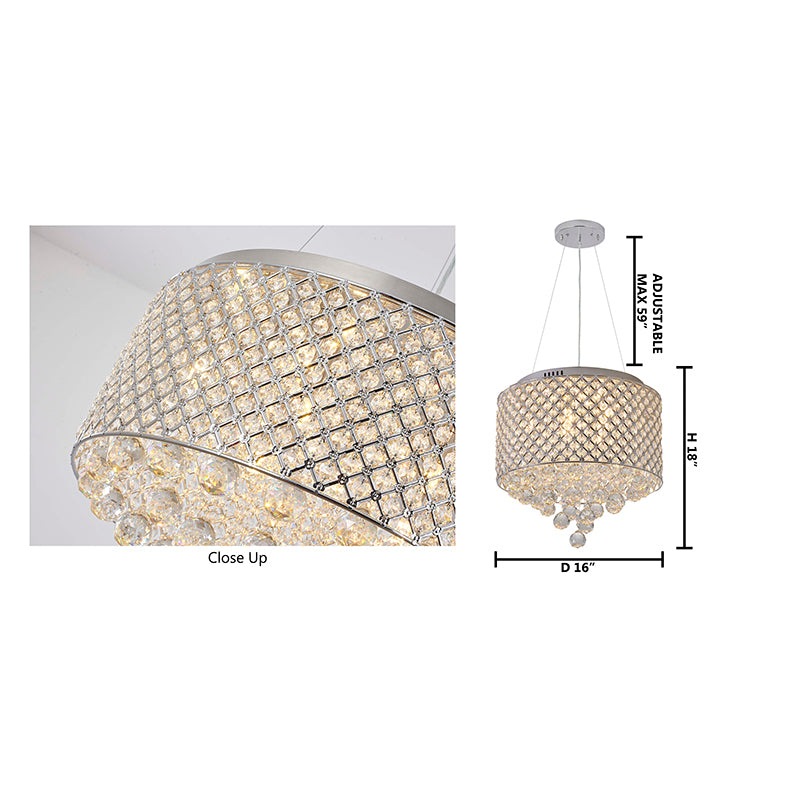 Clear Crystal Beaded Drum Shade with Crystal Drops &amp; Hardware Chandelier