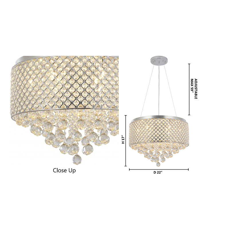 Clear Crystal Beaded Drum Shade with Crystal Drops &amp; Hardware Chandelier