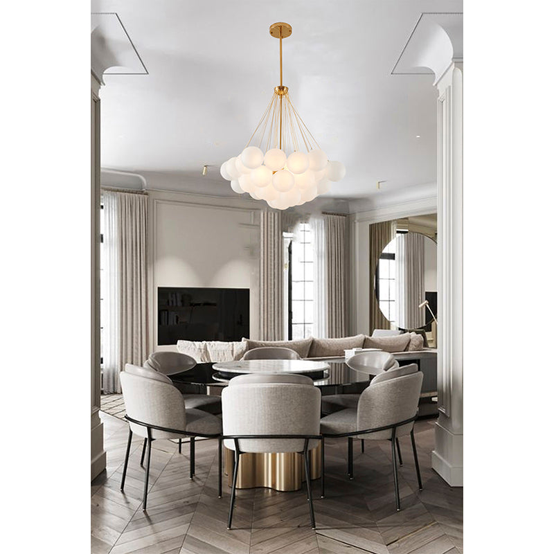 Gold Plated Frame Chandelier with White Frosted Glass Hanging Shades by Bethel - view 5