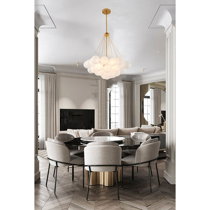 Gold Plated Frame Chandelier with White Frosted Glass Hanging Shades by Bethel - view 5