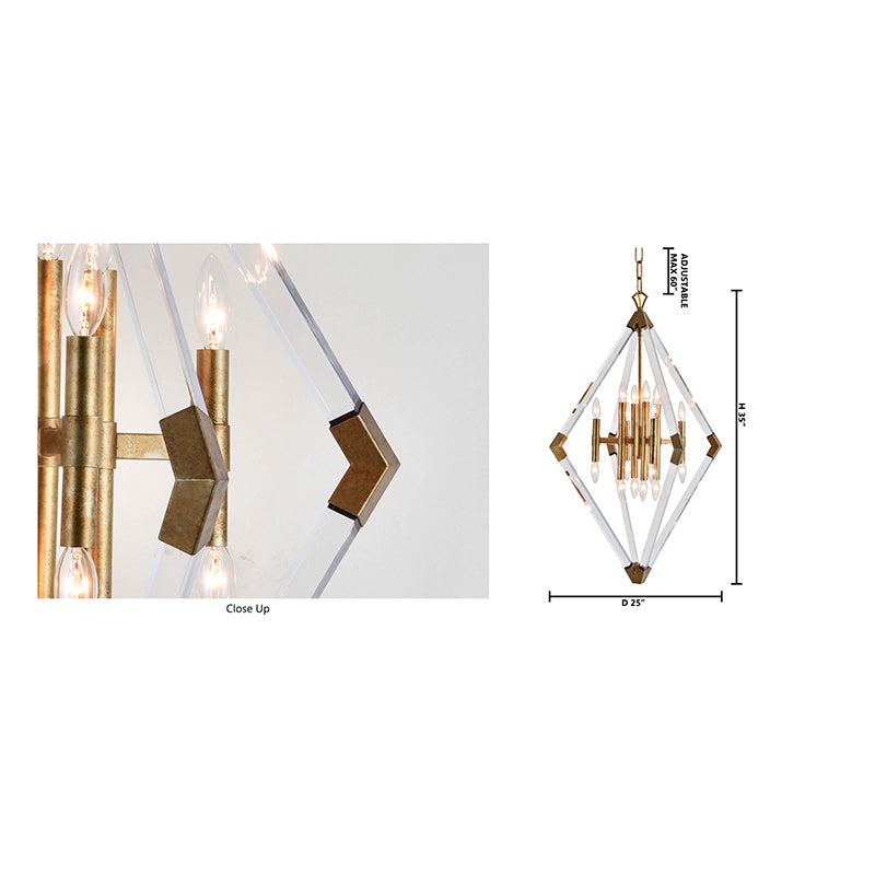 Clear Acrylic Arm Diamond Shaped Chandelier with Antique Gold Metal Frame by Bethel - view 4