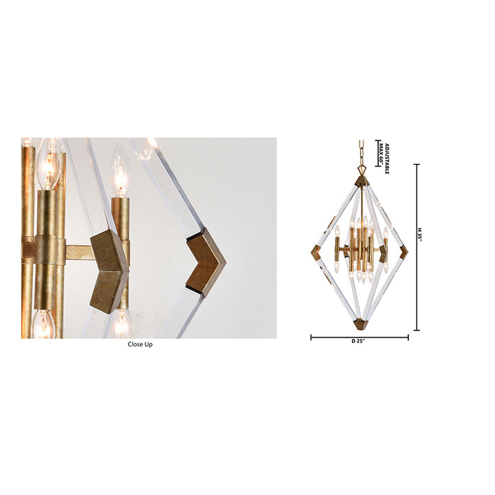 Clear Acrylic Arm Diamond Shaped Chandelier with Antique Gold Metal Frame by Bethel - view 4