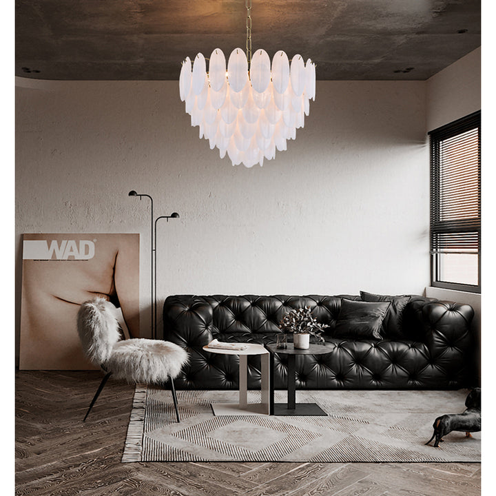 Seven Tier Brass Metal Frame Chandelier with Frosted Hanging Petal Glass by Bethel - view 5