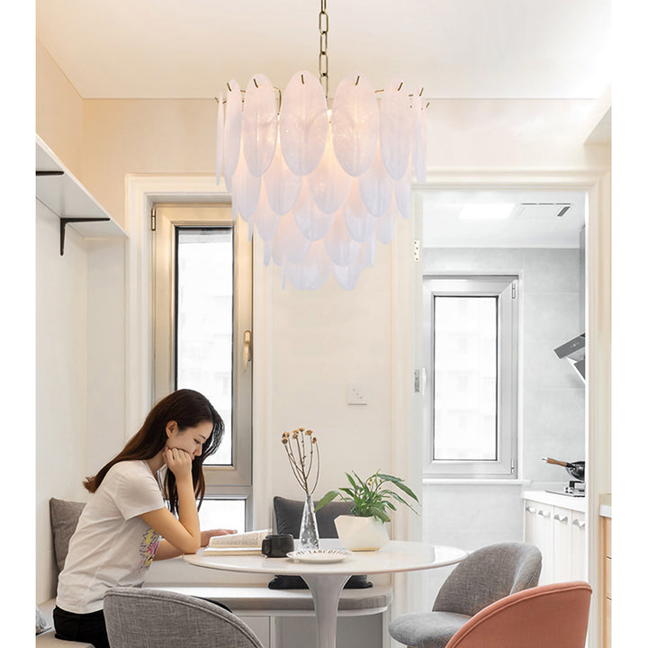 Brass Metal Frame Chandelier with Frosted Hanging Petal Glass by Bethel - view 9