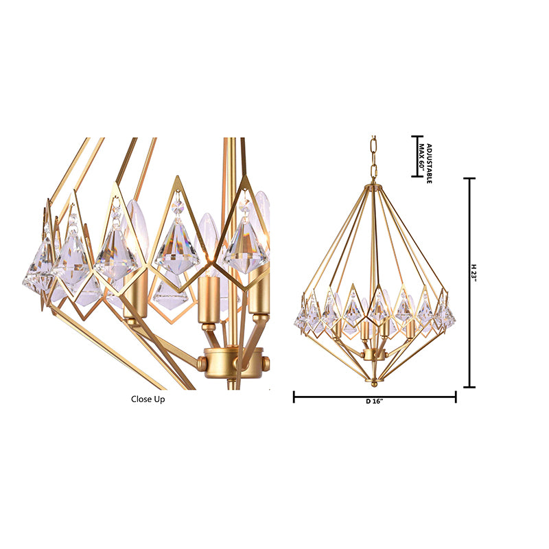 Gold Diamond Shaped Frame Chandelier with Clear Crystal Drops by Bethel - view 12