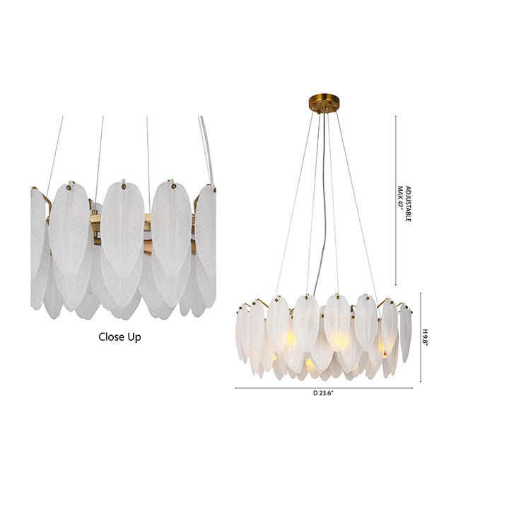 Round Frame Chandelier with Hanging Frosted Glass Leafs by Bethel - view 9