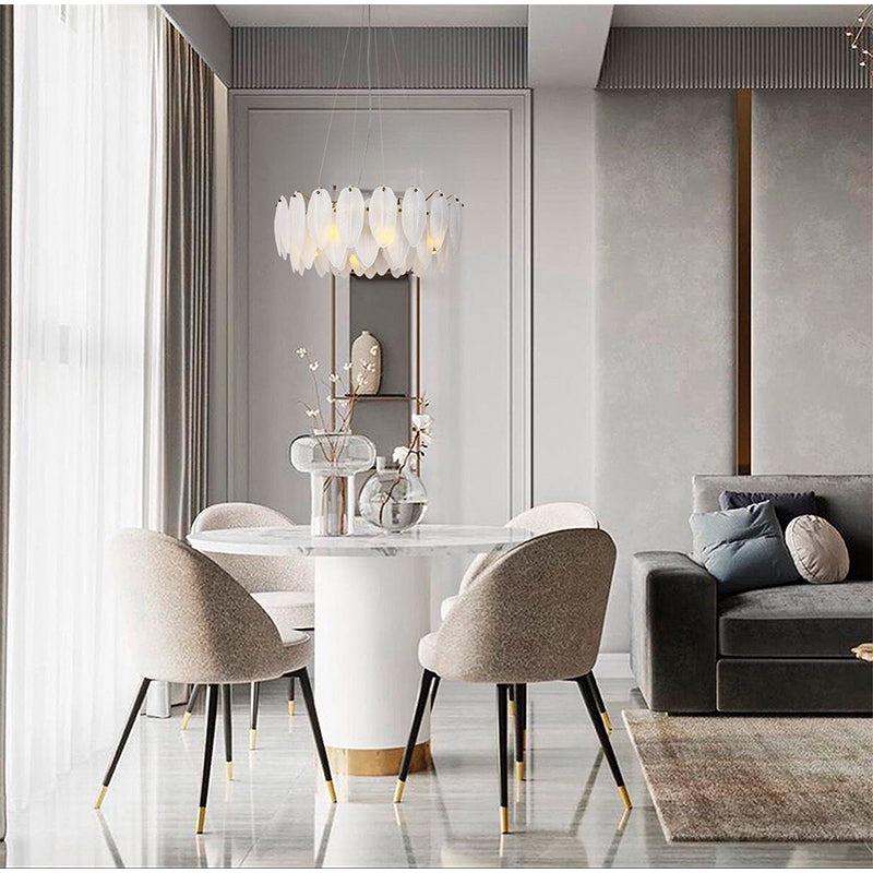 Round Frame Chandelier with Hanging Frosted Glass Leafs by Bethel - view 10