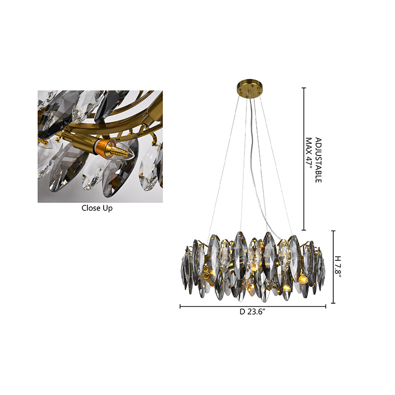 Round Brass Frame Chandelier with Clear &amp; Smoke Crystals