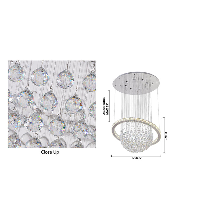 Crystal Ball Chandelier with LED Clear Crystal Ring &amp; a Chrome Frame