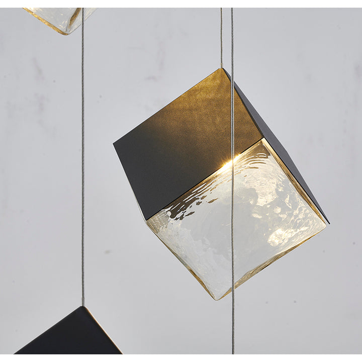 Round Frame Chandelier with Hanging Cubed Clear Distorted Glass Pendants by Bethel - view 5