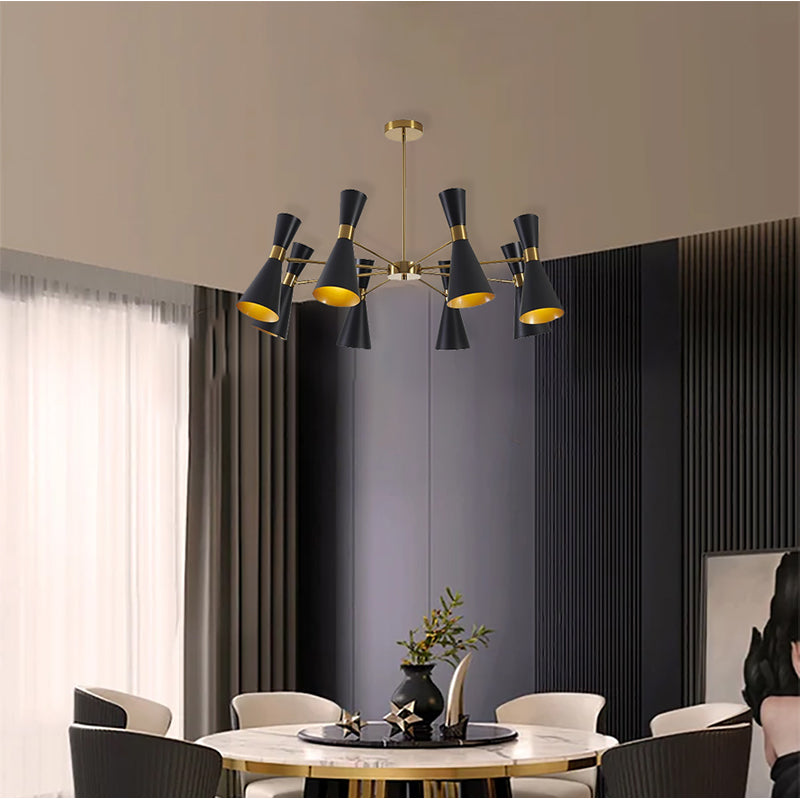Gold Framed Chandelier with Sand Black Cone Shades by Bethel - view 4