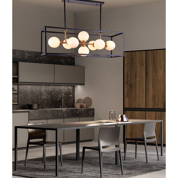 Black Rectangular Cage Frame Ceiling Fixture with Gold Hardware &amp; White Glass