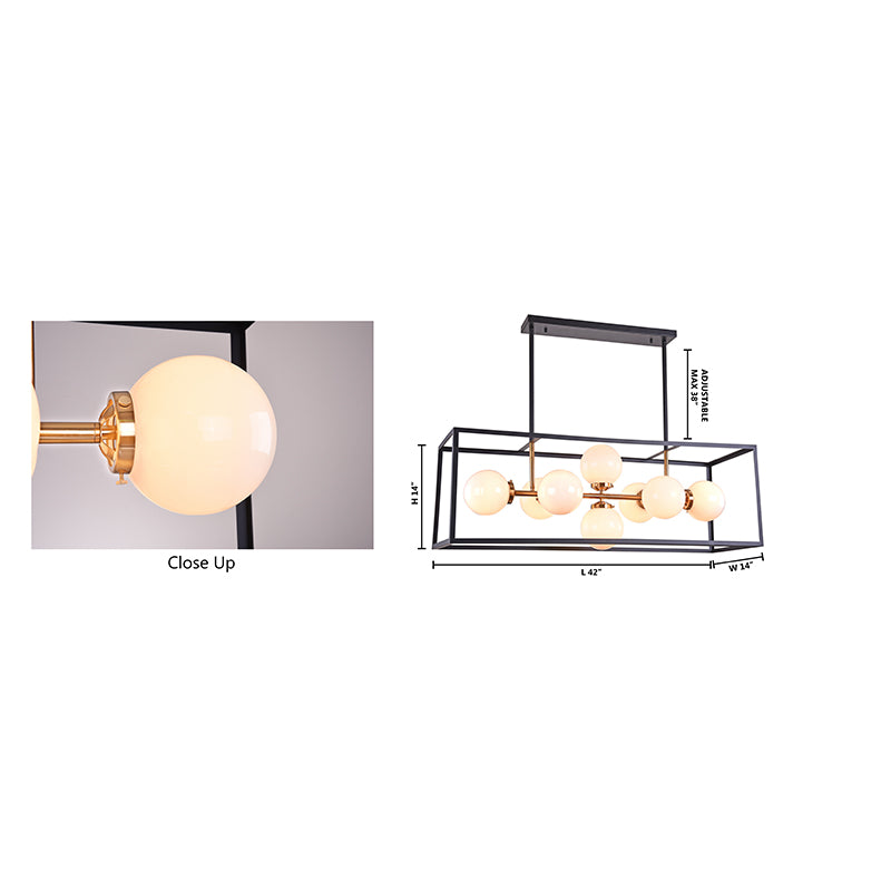 Black Rectangular Cage Frame Ceiling Fixture with Gold Hardware &amp; White Glass