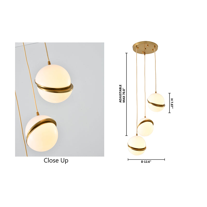 Gold Flushed Chandelier with Three White Hanging Orb Pendants by Bethel - view 6