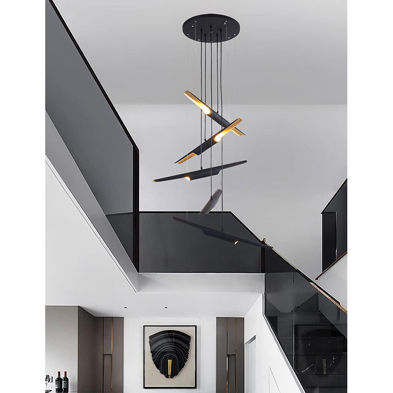 Matte Black Flushed Chandelier with Hanging Pendant Tubes with Gold Interior by Bethel - view 6