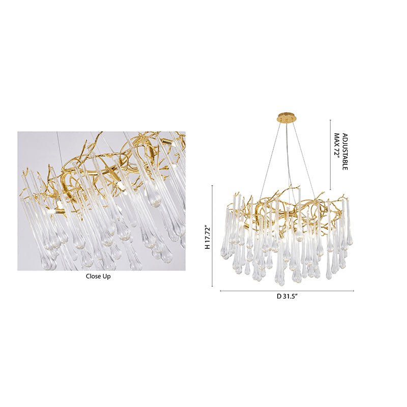 Gold Solid Brass Branch Chandelier with Clear Glass Hanging Drops by Bethel - view 10