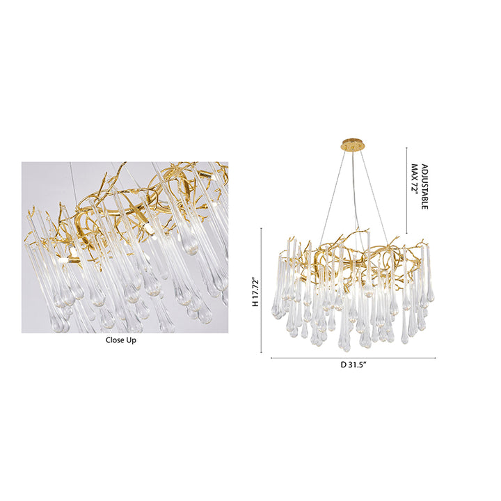Gold Solid Brass Branch Chandelier with Clear Glass Hanging Drops by Bethel - view 10