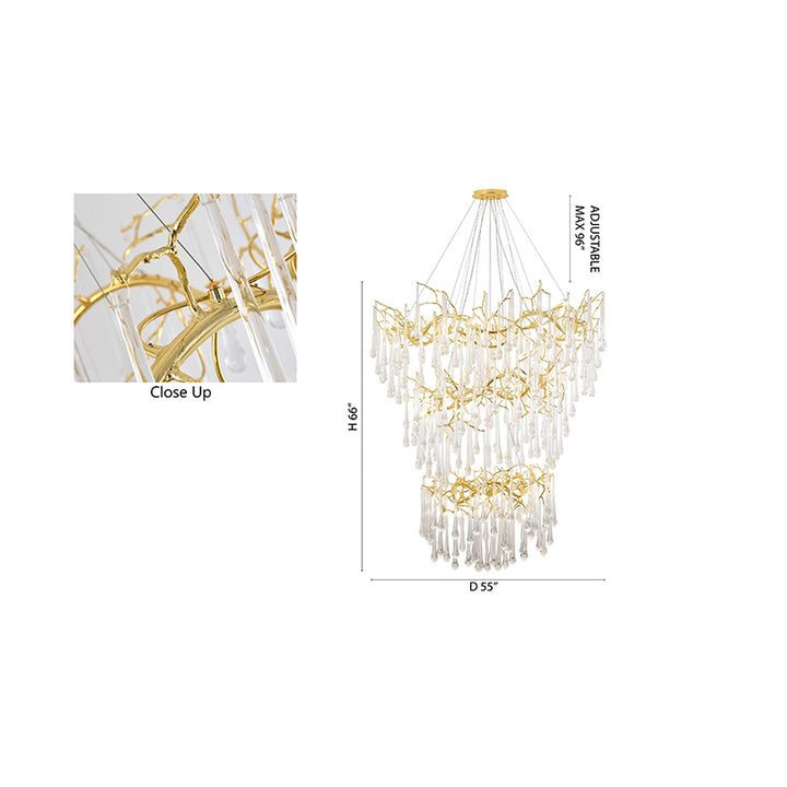 Three Tier Gold Solid Brass Frame Chandelier with Clear Glass Hanging Drops by Bethel - view 11