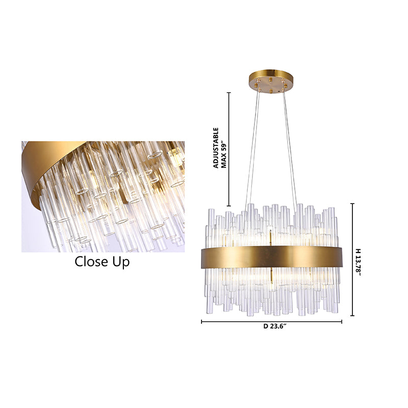 Round Matte Brass Metal Frame Chandelier with Clear Glass Rods by Bethel - view 4