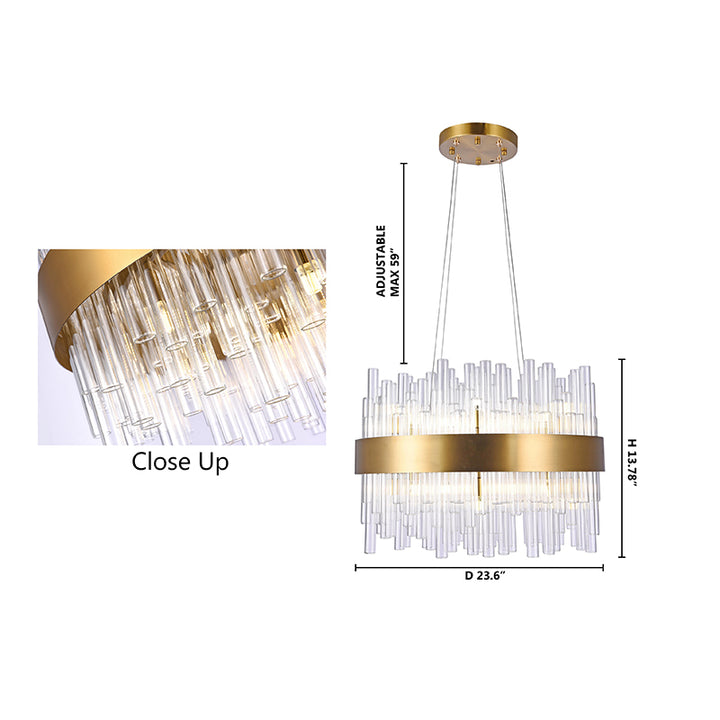 Round Matte Brass Metal Frame Chandelier with Clear Glass Rods by Bethel - view 4