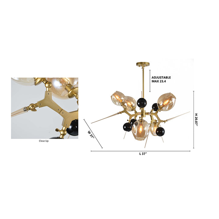 Gold Aluminum Frame Light Fixture with Amber Glass Shades, Black Glass Globes, by Bethel - view 4