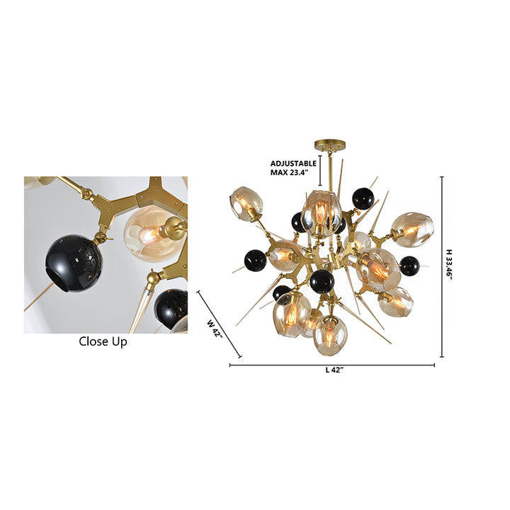 Gold Aluminum Frame Light Fixture with Amber Glass Shades and Spikes with