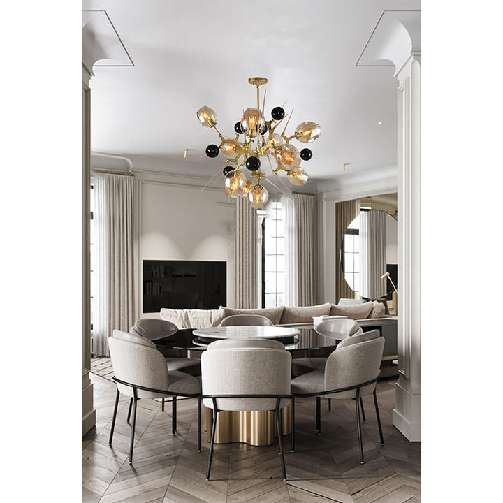 Gold Aluminum Frame Light Fixture with Amber Glass Shades and Spikes with