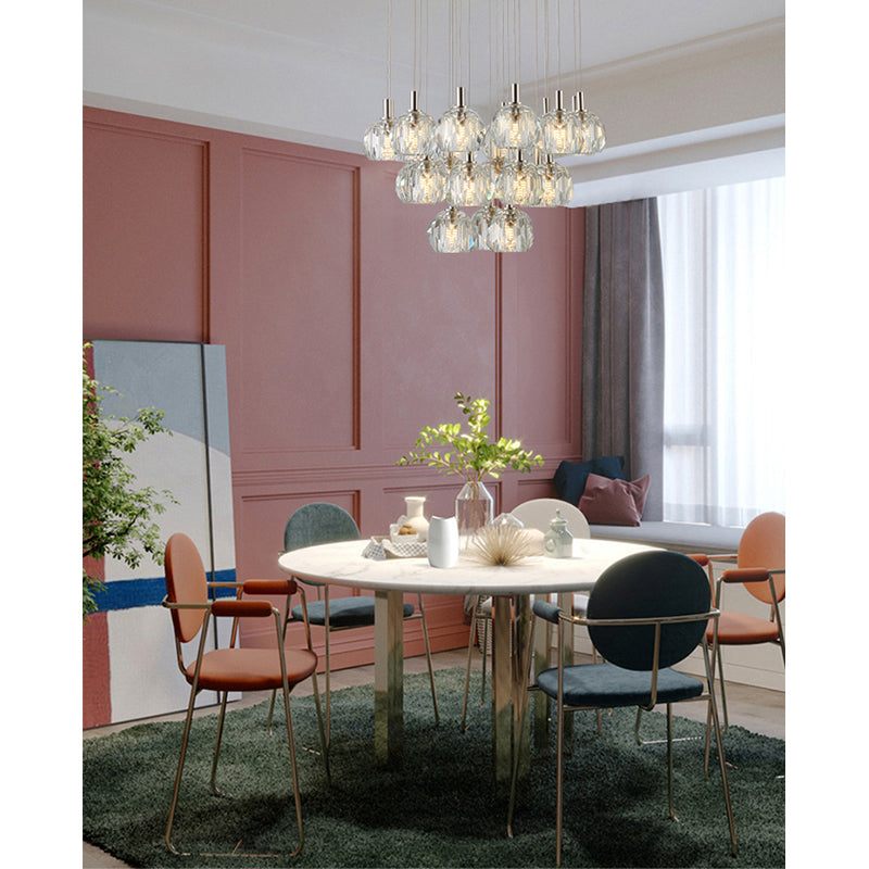 Flushed Chandelier with Hanging Clear Crystal Balls, a Polished Nickel Frame, and