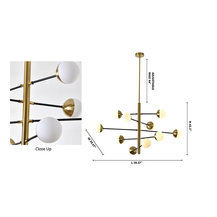 Brass &amp; Black Framed Chandelier with Milk White Glass Shades