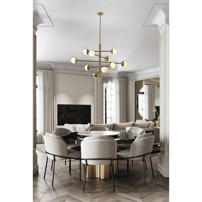 Brass &amp; Black Framed Chandelier with Milk White Glass Shades