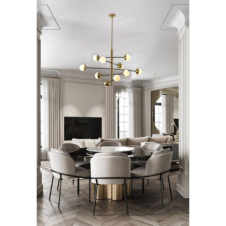 Brass &amp; Black Framed Chandelier with Milk White Glass Shades