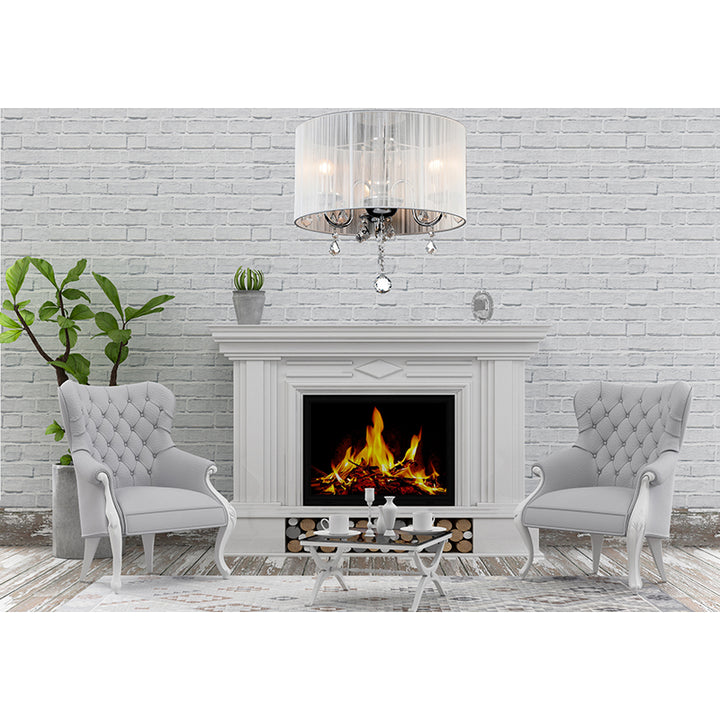 White String Shade Chandelier with Chrome Frame and Clear Crystals by Bethel - view 9