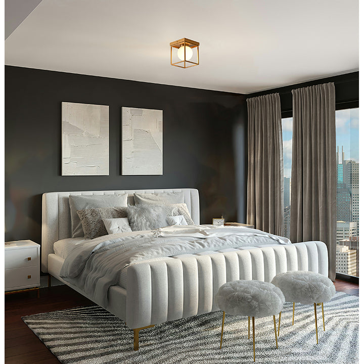 Brass Plated Semi Flush Mount with White Glass Shade by Bethel - view 4