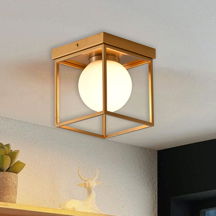 Brass Plated Semi Flush Mount with White Glass Shade by Bethel - view 6