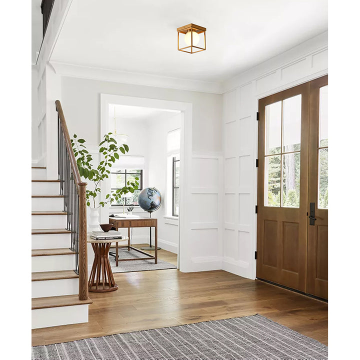Brass Plated Semi Flush Mount with White Glass Shade by Bethel - view 7