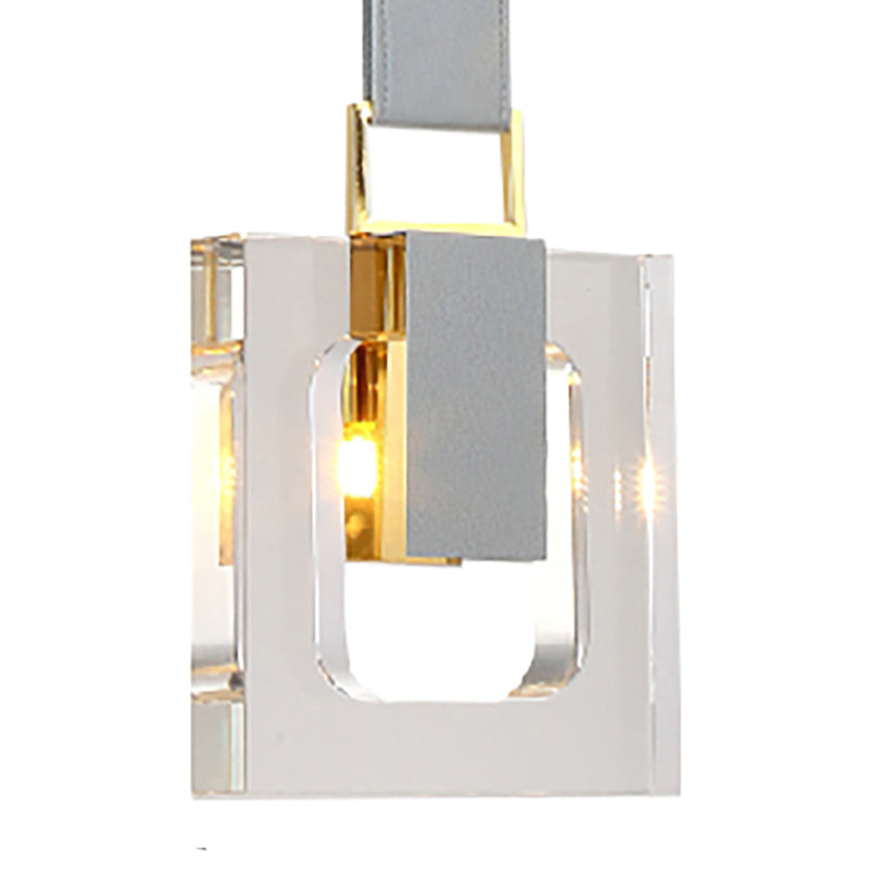 Leather Strap Pendant Light with Clear Crystal Block &amp; Hardware