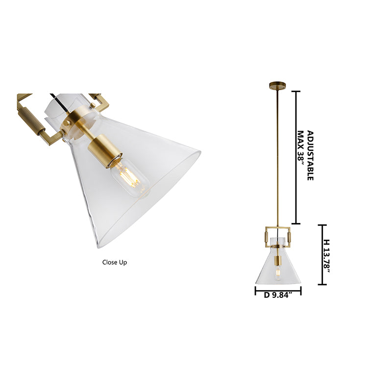 Brass Metal Frame Single Pendant Light with Clear Glass Cone Shade by Bethel - view 7