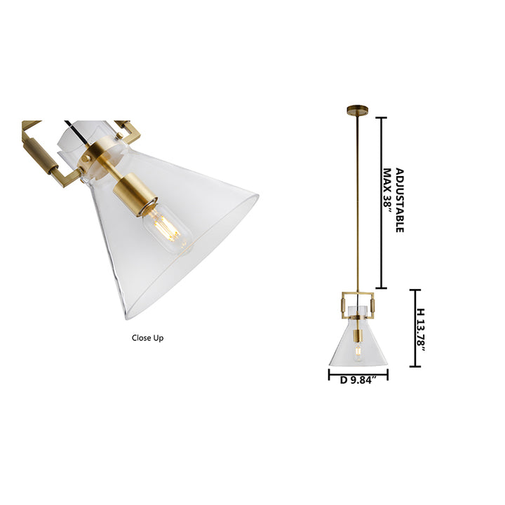Brass Metal Frame Single Pendant Light with Clear Glass Cone Shade by Bethel - view 7