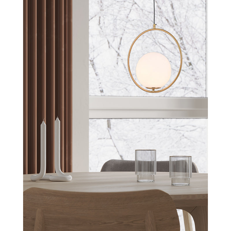 Gold Round Frame Single Pendant Light with Milk White Glass Shade by Bethel - view 4