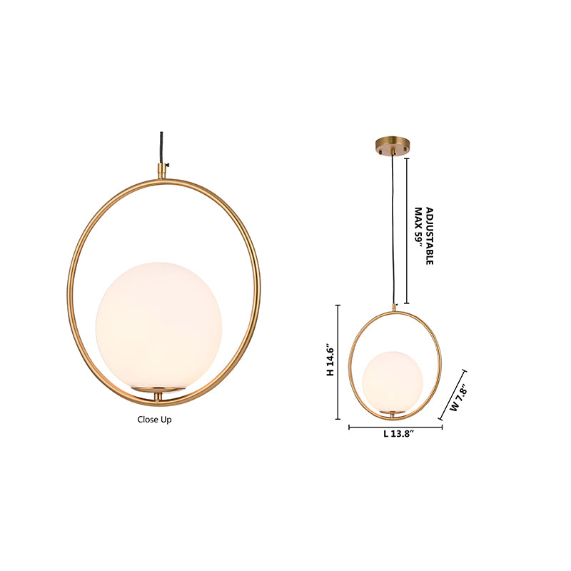 Gold Round Frame Single Pendant Light with Milk White Glass Shade by Bethel - view 5