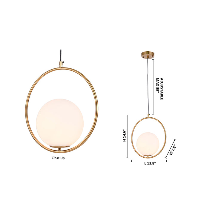 Gold Round Frame Single Pendant Light with Milk White Glass Shade by Bethel - view 5