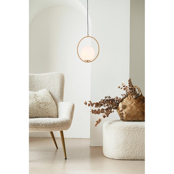 Gold Round Frame Single Pendant Light with Milk White Glass Shade by Bethel - view 6
