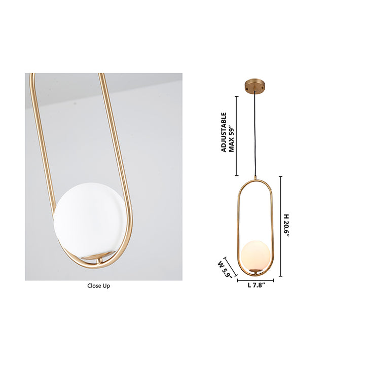 Gold Metal Frame Single Pendant Light with Milk White Glass Shade by Bethel - view 3